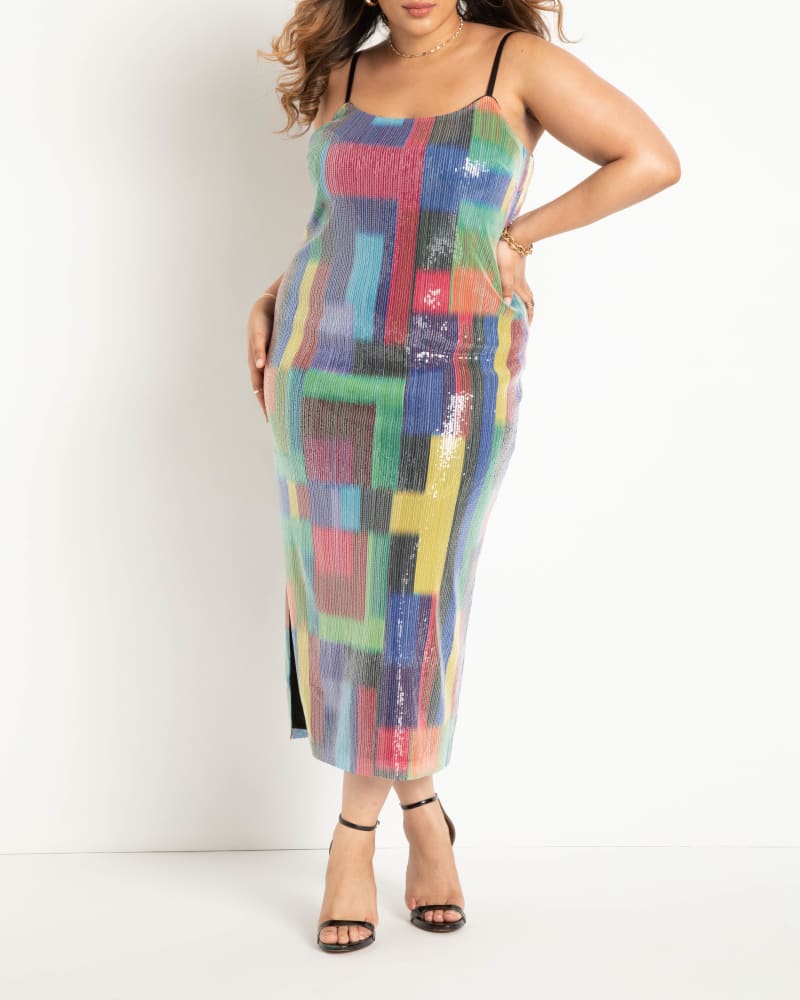 Front of a model wearing a size 14 Printed Sequin Slip Dress in Psychadelic Blocks by ELOQUII. | dia_product_style_image_id:290124
